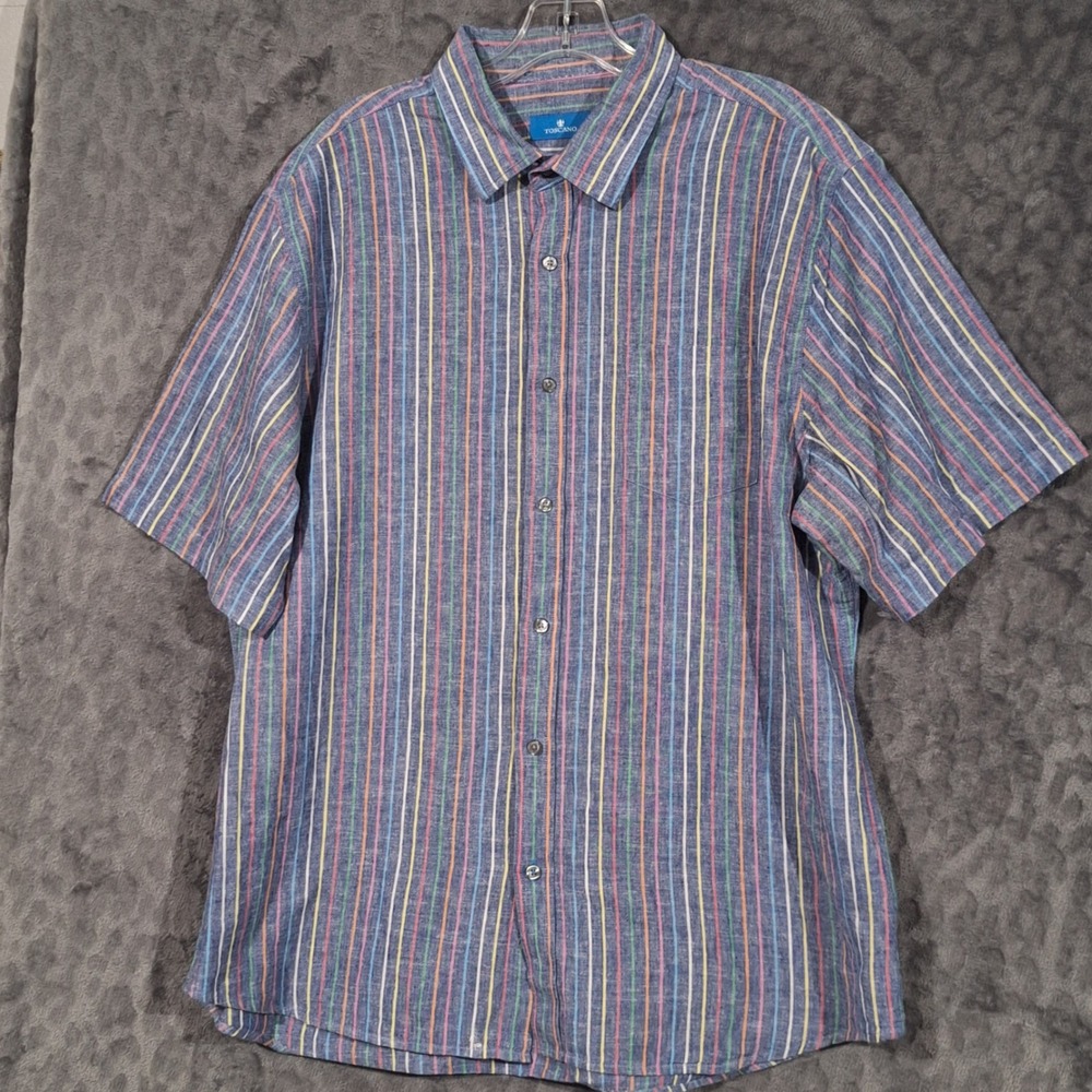 Toscano Patrick Assaraf Mens XL Blue Multi Color Striped Linen Cotton Shirt SS